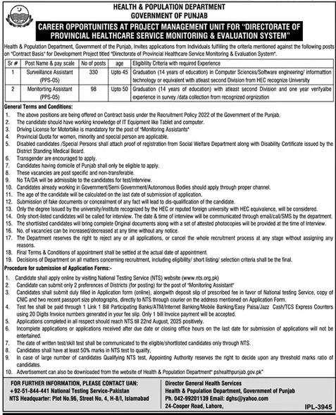Jobs in Health & Population Department Lahore